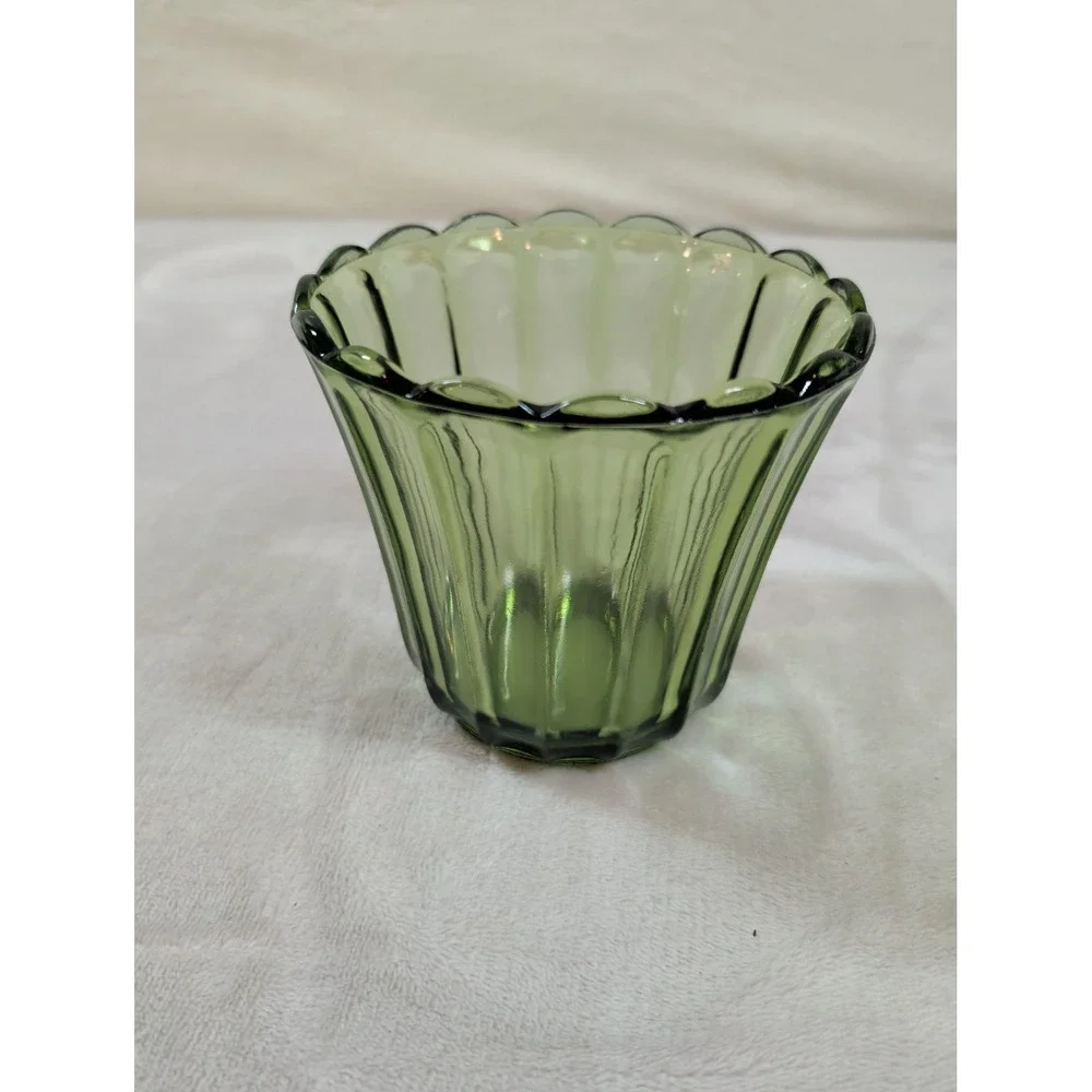 Vintage Green Ribbed Glass‎ Votive Candle Holder Scalloped Rim Emerald 3.5 Inch